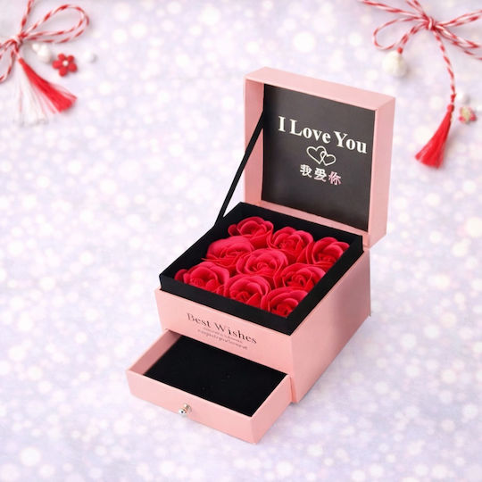 "Love Wishes" Кутия За Аксесоари С Чекмедже Нови Сапунени Рози Картичка За Поздравителни Подаръчна Чанта Розова