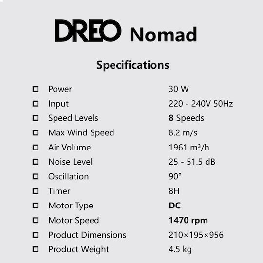 Dreo Nomad TF414 Ανεμιστήρας Πύργος 35W με Τηλεχειριστήριο Μαύρος