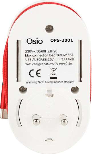 Osio Un singur soclu Securitate cu 1 USB-A, USB-C și Cablu 0.6m