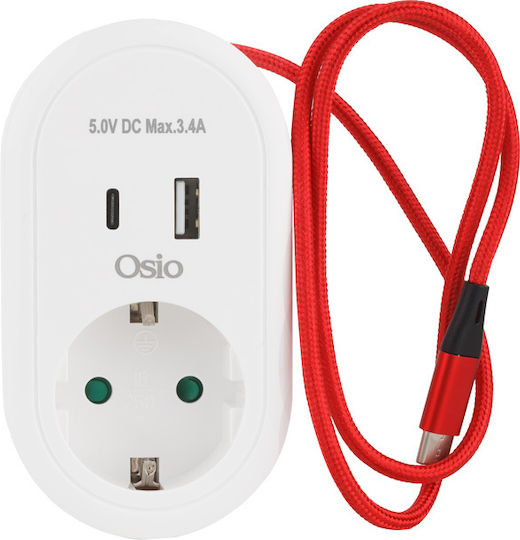 Osio Un singur soclu Securitate cu 1 USB-A, USB-C și Cablu 0.6m