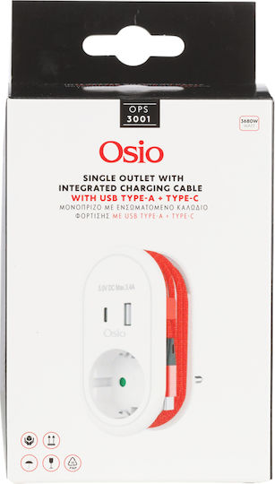 Osio Un singur soclu Securitate cu 1 USB-A, USB-C și Cablu 0.6m