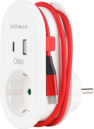 Osio Un singur soclu Securitate cu 1 USB-A, USB-C și Cablu 0.6m