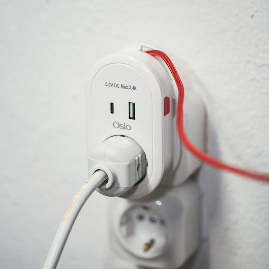 Osio Un singur soclu Securitate cu 1 USB-A, USB-C și Cablu 0.6m