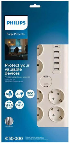 Bandă de Alimentare de Securitate cu 6 Prize Philips Original Spn7060wa/grs 1 USB Type-C 15 W 4 USB Type-A 20 W