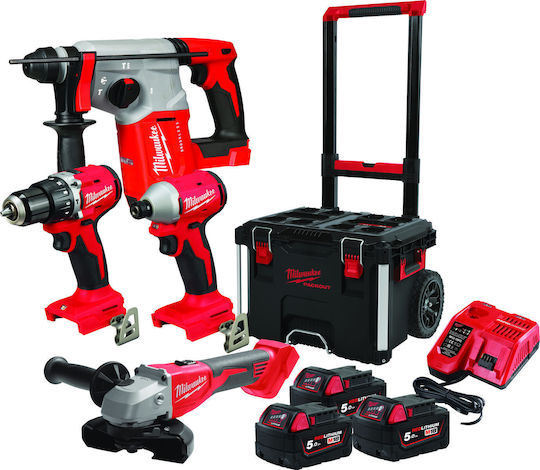 Milwaukee M18 Blpp4a503p Set Angle Wheel & Impact Drill Driver & Impact Screwdriver & Hammer Brushless 18V with 3 Batteries 5Ah and Case