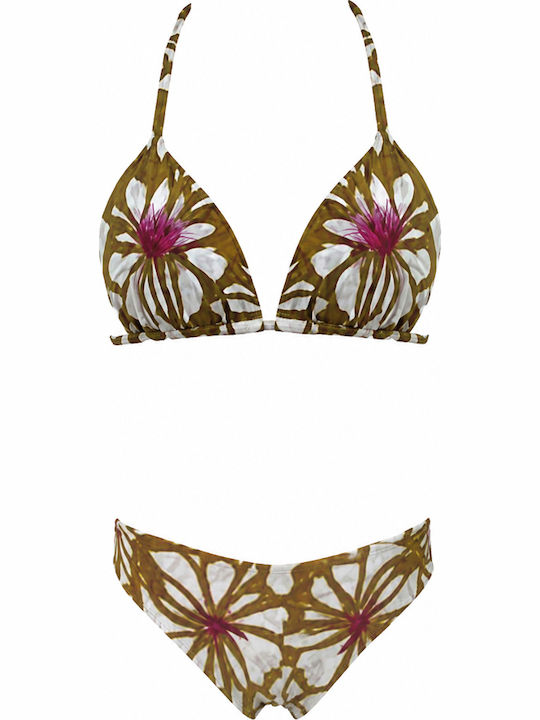 Set Bikini 3 Pieces Floral Brown Beige Push Up