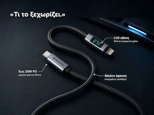 Swissten 3A Lightning to USB-C 30W Cable 1.5m LED Display Power Indicator Black