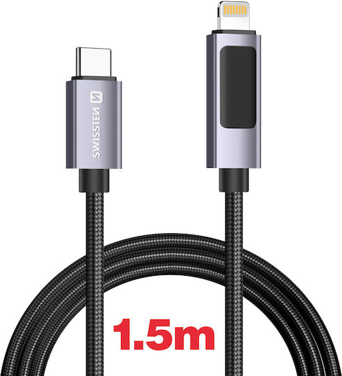 Swissten 3A Lightning to USB-C 30W Cable 1.5m LED Display Power Indicator Black