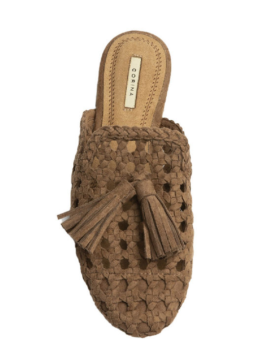 Flat Suede Mules in Brown Colour