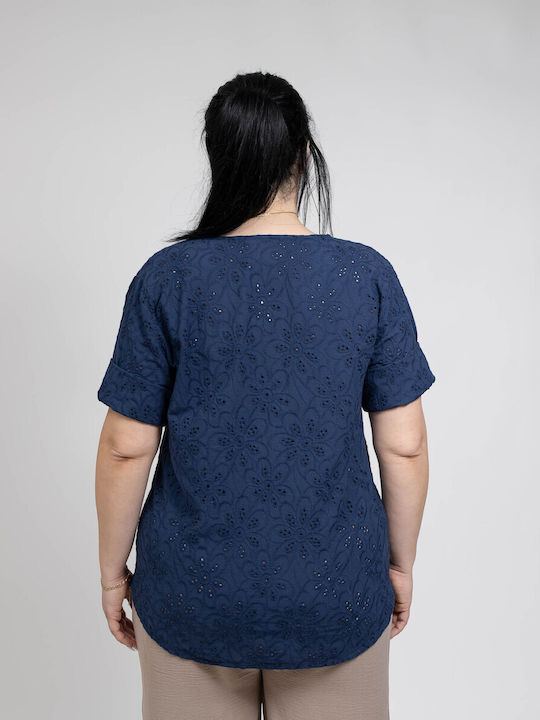 Bluza Damă Din Bumbac Cu Dantelă Albastră