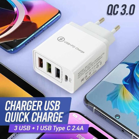 Alista Home Incarcator Fără Cablu cu 3 Porturi USB-A și Port USB-C 32W Power Delivery / Quick Charge 3.0 Alb (161977)