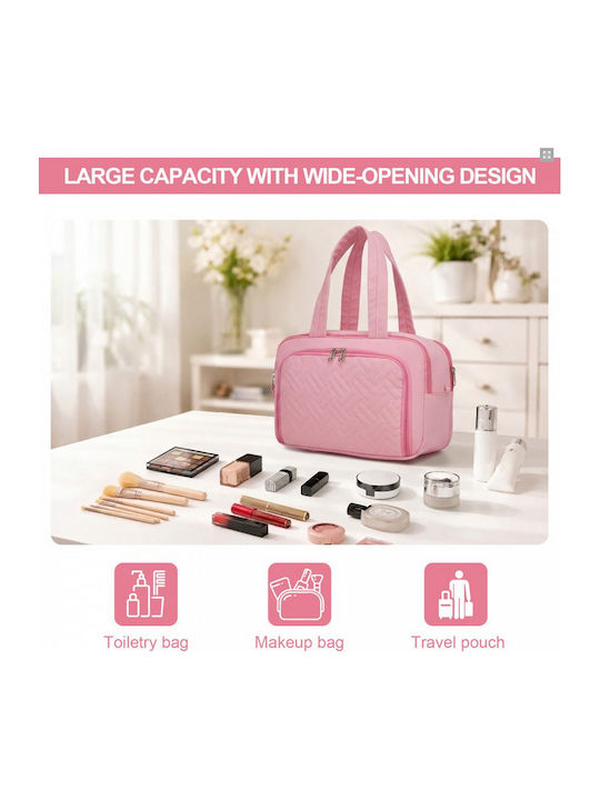 Miss Lulu Travel Quilted Toiletry Bag – Water-resistant Wet Dry Pocket Large 180° Opening Easy Access Pink