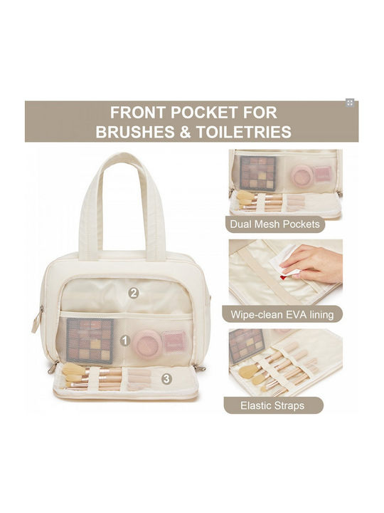 Miss Lulu Travel Quilted Toiletry Bag – Water-resistant Wet Dry Pocket Large 180° Opening Easy Access Beige