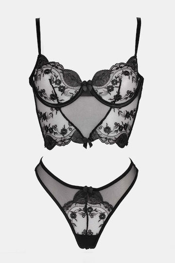 Set Underwear Corset See Through Bandeau Black