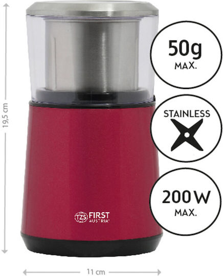 First Austria Ηλεκτρικός Μύλος Καφέ 200W με Χωρητικότητα 50gr και 2 Επίπεδα Άλεσης Κόκκινος
