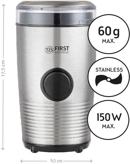 First Austria Ηλεκτρικός Μύλος Καφέ 150W με Χωρητικότητα 60gr Ασημί