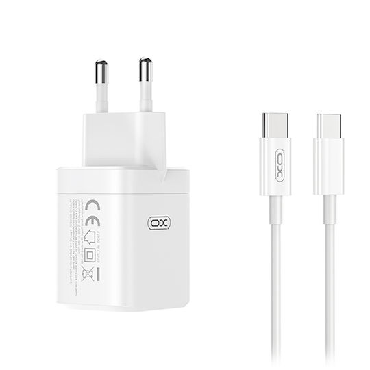 XO GaN с USB-A порт и USB-C порт и кабел USB-C - USB-C 45W Power Delivery / Quick Charge 3.0 Бял (CE36)
