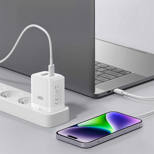 XO GaN с USB-A порт и USB-C порт и кабел USB-C - USB-C 45W Power Delivery / Quick Charge 3.0 Бял (CE36)