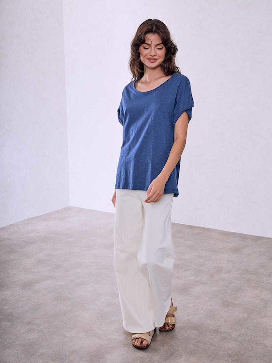 Celestino Damenbluse mit umgeschlagenem Ärmel Loose Fit Blau
