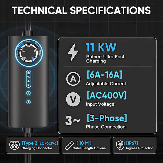 Junsun Преносим Трифазен Зарядно Устройство 11kW с Вграден Кабел 10м Тип 2