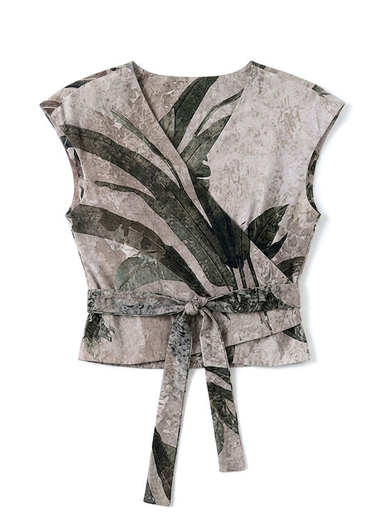 Women's Summer Linen Sleeveless Blouse with V Neckline Brown Beige Khaki