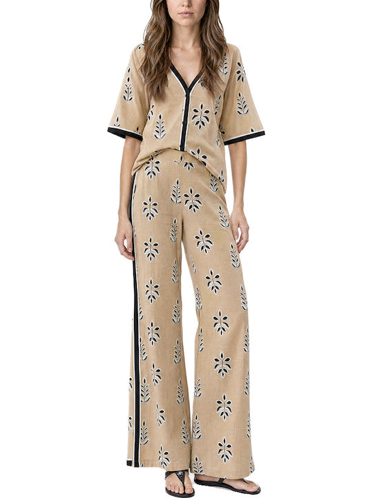 C. Manolo Women's High Rise Cotton Pantaloons in Wide Leg Style Striped Black-Beige C. Manolo Women's High Rise Cotton Pantaloons in Wide Leg Style Striped Black-Beige