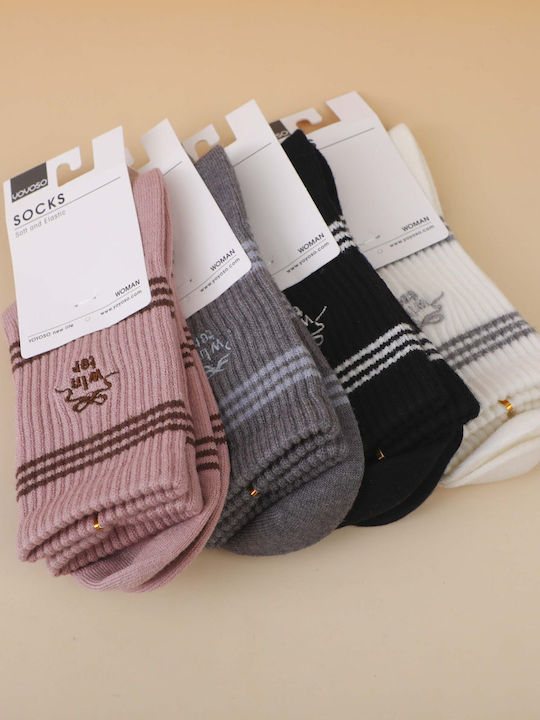 Women's Embroidered Striped Socks Mid-Calf Black
