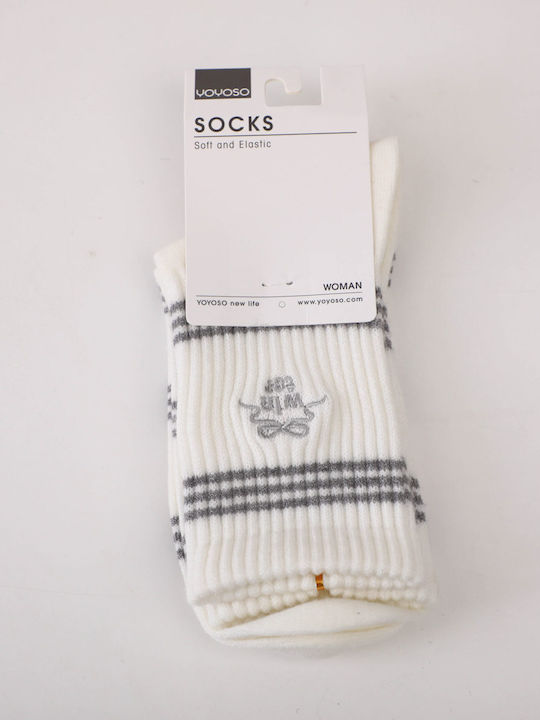 Women's Embroidered Socks Stripes Mid-Calf White