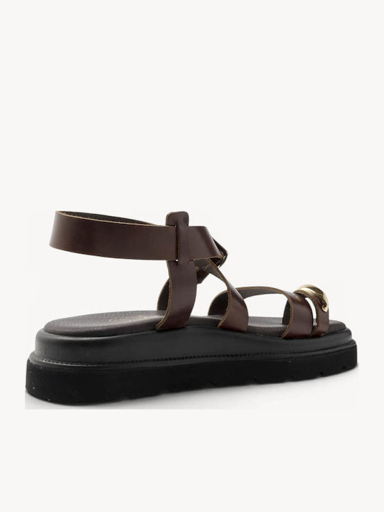 Brown Leather Flatform Sandals Toe Ring Detail