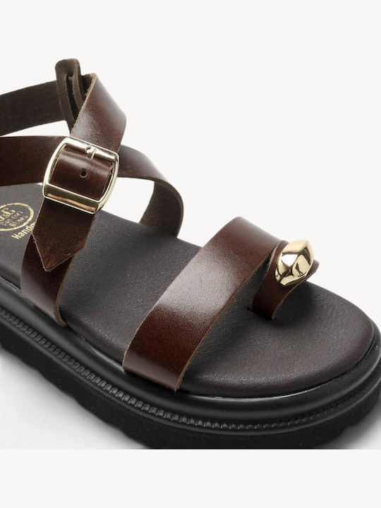 Brown Leather Flatform Sandals Toe Ring Detail