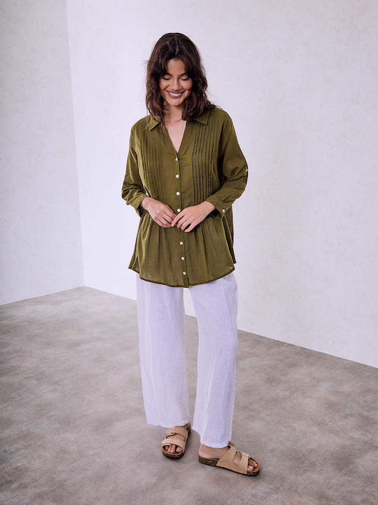 Celestino Women's Shirt Cotton Pleats Loose Fit Khaki