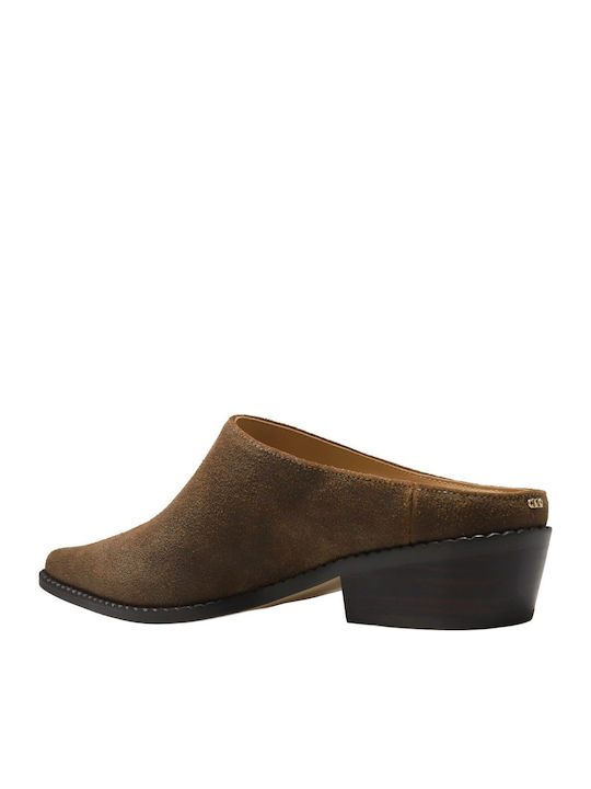 Leather Mules with Low Heel in Beige Colour