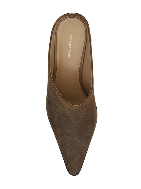 Leather Mules with Low Heel in Beige Colour
