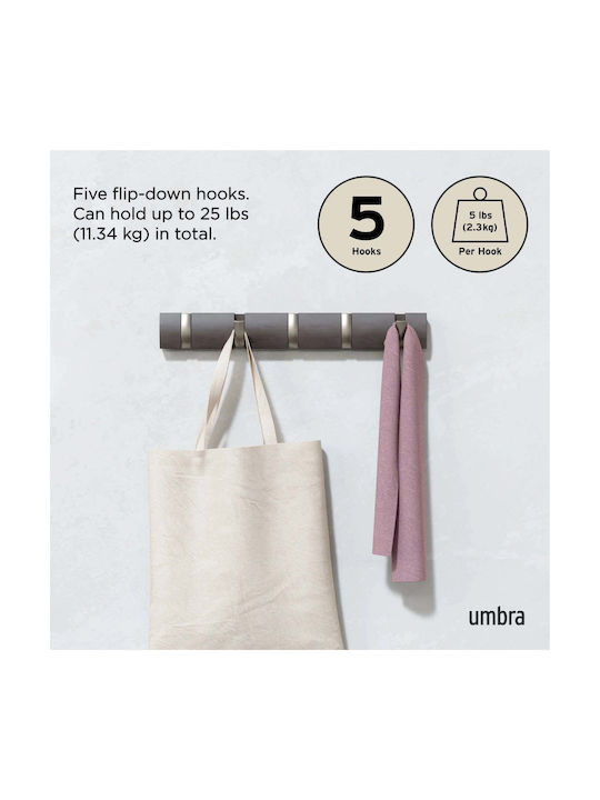 Umbra Wall Hanger Flip Wooden 5 Hooks Silver 51x3x6cm