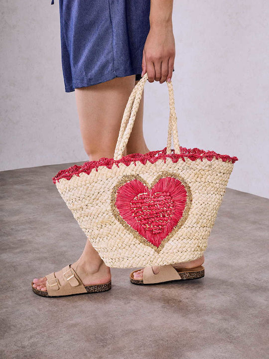 Celestino Damen Strandtasche Korbweide Herz Beige