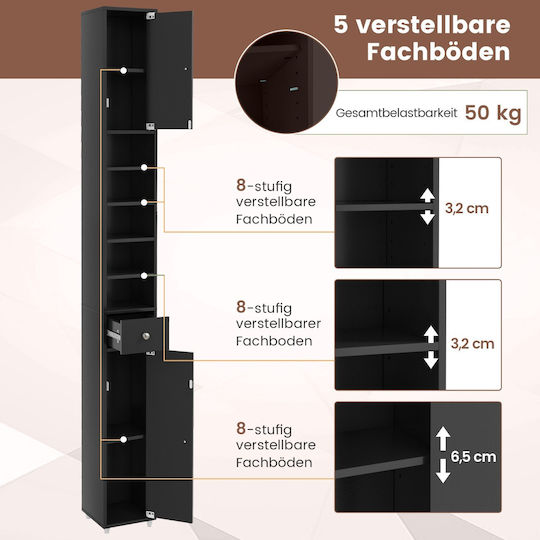 Costway Bathroom Column Cabinet Wall Hung M20xL20xH180cm Black