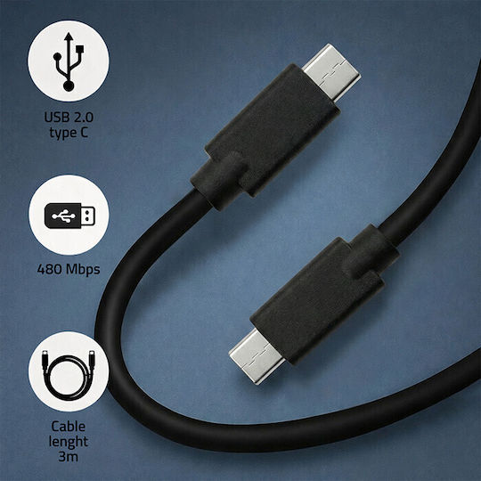 Qoltec USB 2.0 Cable USB-C male - USB-C Μαύρο 3m 52348