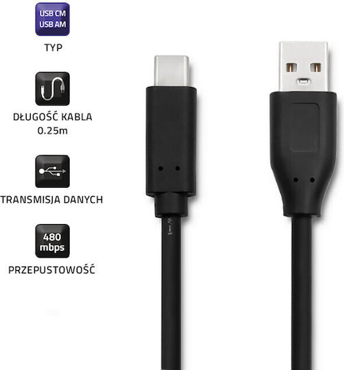 Qoltec Cablu USB 3.1 USB-C Masculin - USB-A Negru 0.25m 50496