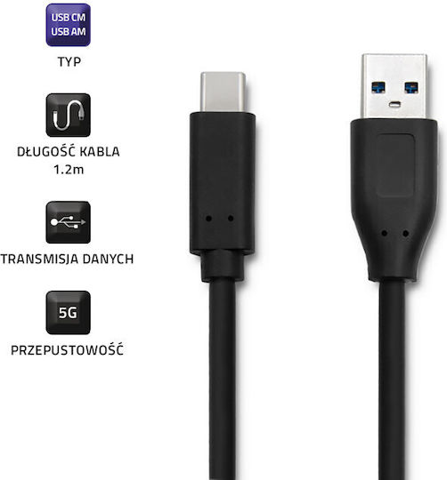 Qoltec Редовна USB 3.0 Кабел USB-C мъжки - USB-A мъжки Черен 1.2м (50491)