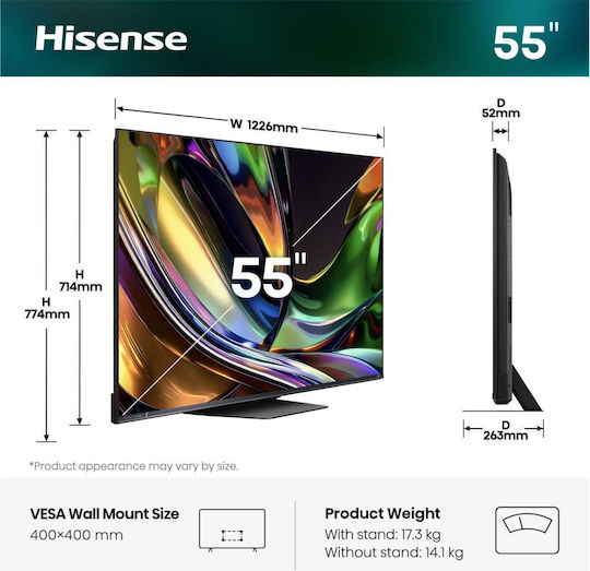 Hisense Smart Τηλεόραση 55" 4K UHD Mini LED UR8S HDR (2026) 55UR8S