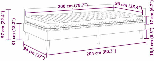 Pat Single Tapițat cu Catifea Roz cu Plăci și Saltea 90x200cm