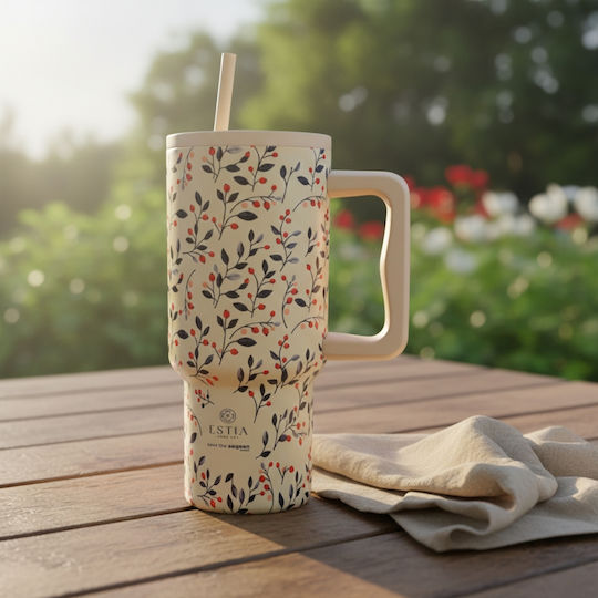 Estia Straw Tumbler XL Save the Aegean Recyclable Handled Tumbler Thermos Stainless Steel BPA Free 900ml Bloom Beige with Straw and Handle