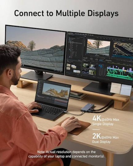 Anker 565 DisplayPort 1.4 / USB-A / USB-C Докинг станция с HDMI 4K PD Етърнет и свързване 2 монитора Сив