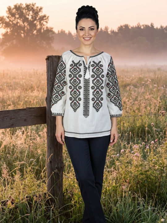 Bluza Damă Bumbac Mânecă Lungă Alb/Portocaliu