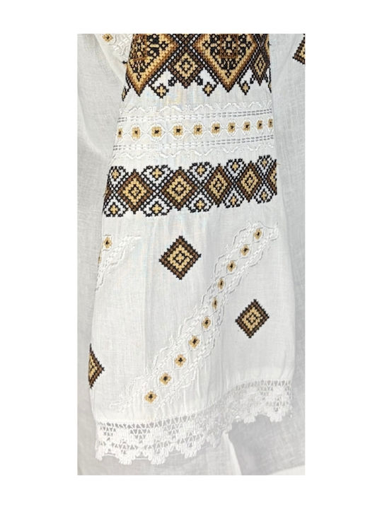 Bluza Damă Bumbac Mânecă Lungă Alb/Portocaliu