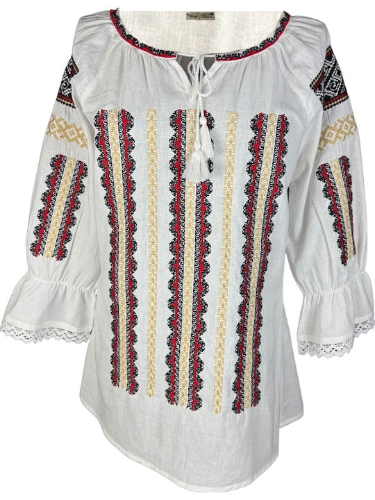 Bluza Damă Bumbac Mânecă Lungă Alb/Portocaliu