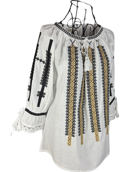 Bluza Damă Bumbac Mânecă Lungă Alb/Portocaliu