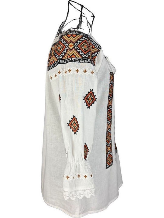 Bluza Damă Bumbac Mânecă Lungă Alb/Portocaliu