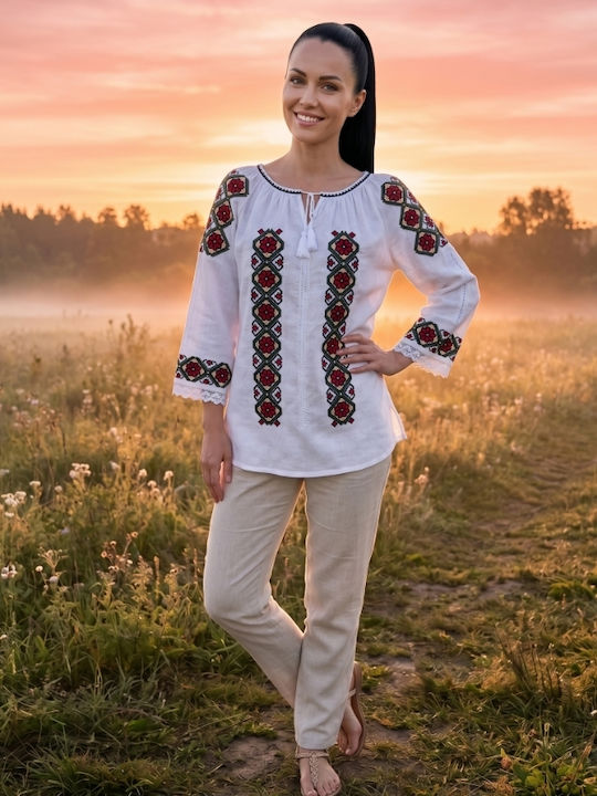 Bluza Damă Bumbac Mânecă Lungă Alb/Portocaliu