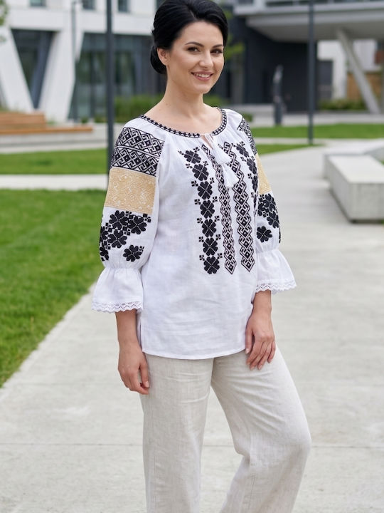 Bluza Damă Bumbac Mânecă Lungă Alb/Portocaliu